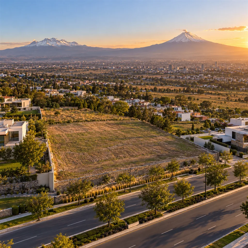 Vista aérea ilustrativa de un terreno junto a una avenida arbolada, con los volcanes al fondo.