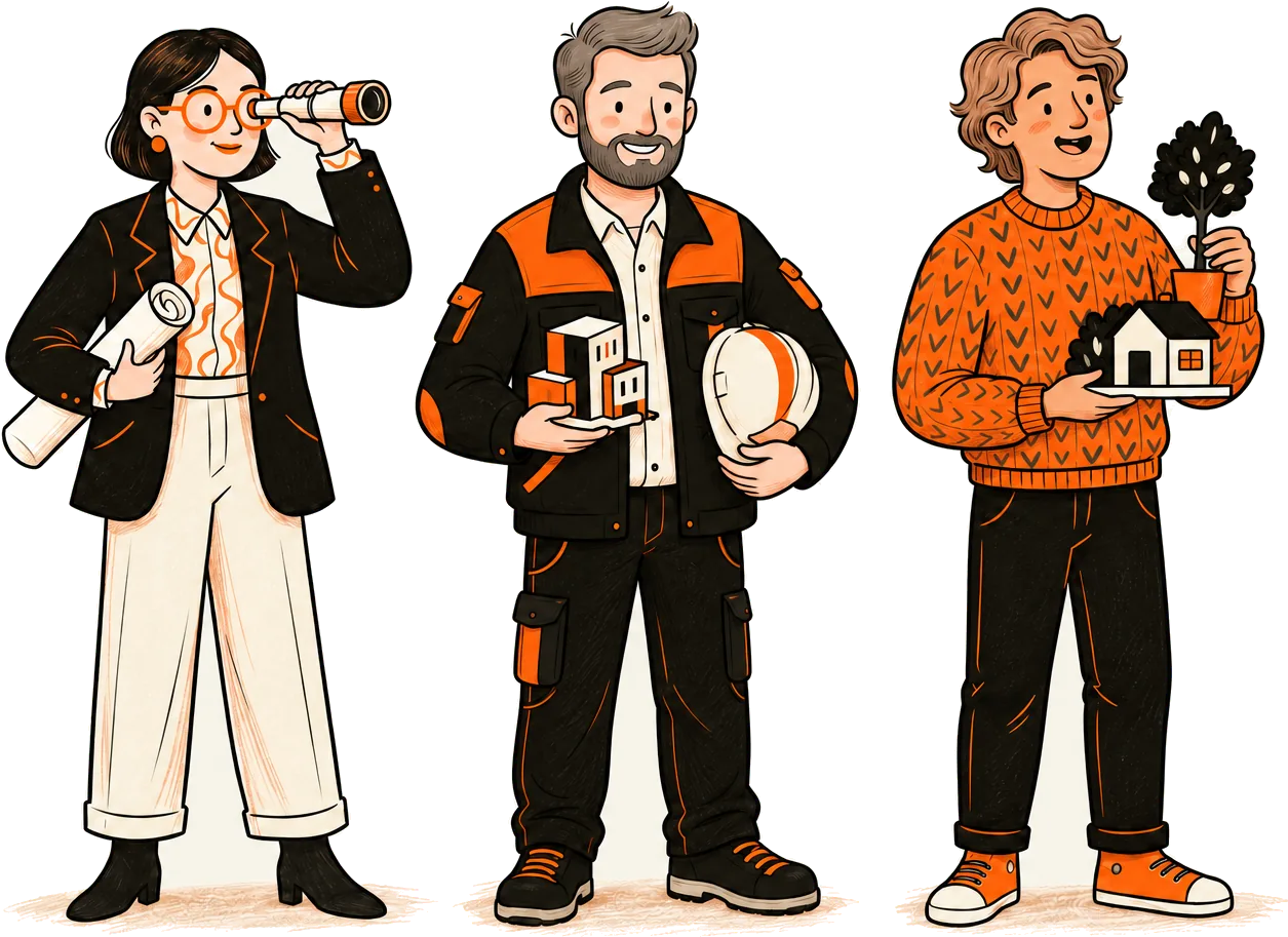 Ilustración del equipo de Grupo NTI: una arquitecta, un residente de obra y una persona paisajista.